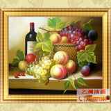 纯手绘有框静物油画家饰餐厅水果红酒桃子葡萄欧式装饰挂画JW102