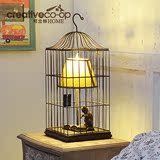 可立特美式乡村 创意金属鸟笼造型台灯 树脂小猫装饰客厅床头台灯
