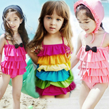 包邮2014韩国儿童泳衣女孩韩版连体裙式女童泳装彩虹可爱宝宝泳衣