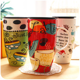 新品包邮艺术彩绘陶瓷大容量马克杯可爱创意咖啡情侣水杯子带杯盖