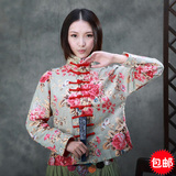 秋季女装中国民族风立领盘扣棉麻外套 印花中式改良唐装复古上衣