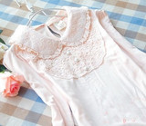 日本代购2016新款夏装蕾丝娃娃领长袖可爱t恤打底衫纯棉女装