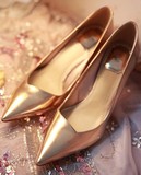 Angelababy同款尖头高跟鞋2016春季性感金色婚鞋纯闪色真皮女单鞋
