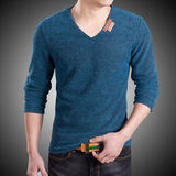 2016春秋爆款韩版修身时尚V领青年男式棉麻大码长袖T恤     加厚