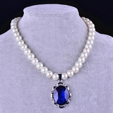 包邮 韩国正品高雅优美珍珠 蓝宝石吊坠项链 百搭时尚装饰锁骨链