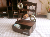咖啡色复古桌面置物架 木制针线/文具收纳盒 日本原单杂货zakka
