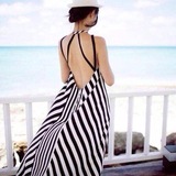 新款浪漫波西米亚度假海滩沙滩裙夏条纹吊带露背长裙雪纺大码显瘦