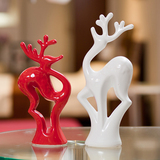福景工艺品家居装饰品客厅摆件陶瓷器创意情侣红白梅花鹿结婚礼物