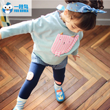 韩国童装女童 2016春装韩版儿童卡通毛衣+假两件打底裤套装