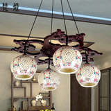 梵灯餐厅吊灯四头圆球复古怀旧中式灯具古典实木中国风陶瓷餐吊灯