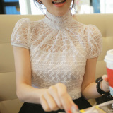 韩版高领雪纺蕾丝衫 韩版夏短袖女士衬衫 蕾丝吊带背心透视上衣