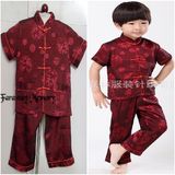 传统中式男孩款儿童-民族服装短袖夏季印花小唐装套装 酒红 NL481