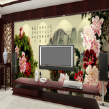 中式客厅沙发电视背景墙纸壁纸酒店大型无纺布壁画牡丹花山水国画