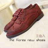 欧美新款克罗心雕花流苏男式韩版复古做旧英伦皮鞋低帮酒红色男鞋
