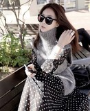 2015秋冬韩版高领针织保暖毛衣马甲拼接雪纺圆点连衣长裙两件套装
