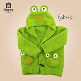 手工编织儿童毛衣男女童加厚珊瑚绒绿青蛙卡通毛巾绒宝宝毛线外套