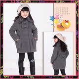 韩时尚正品 2015春装新款童装加厚羊毛呢皮草领夹棉女童大衣外套