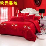 床上用品韩式全棉磨毛纯棉婚庆四件套大红色4件套床品春床单被套