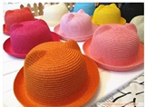 新款韩版春夏季遮阳帽圆帽猫耳朵草帽子儿童太阳礼帽沙滩亲子帽潮