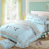 韩版卡通kt猫粉红蓝色甜美公主女孩床上纯棉床单被套4四件套蓝色