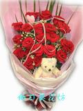 11枝红玫瑰一只小熊单面花束海宁鲜花速递情人节生日花预订0070