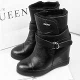 DKNY短靴女冬厚底加绒内增高鞋2013新款甜美中筒靴子真皮棉靴包邮
