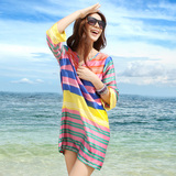 专柜代购2016夏季沙滩裙波西米亚宽松条纹连衣裙彩色显瘦中袖短裙