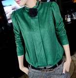 韩版新款通勤绿色潮流气质修身纯色鹿皮绒打底衫长袖T恤