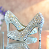 超闪白色婚鞋新娘鞋灰姑娘的水晶鞋钻鞋高跟鞋女单鞋大码小码订做