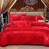 天丝贡缎大提花四件套大红婚庆家纺床上用品蕾丝床单欧式被套秋冬