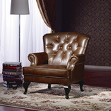 欧式真皮沙发单人位办公室会所商务洽谈椅实木带扶手皮艺沙发美式