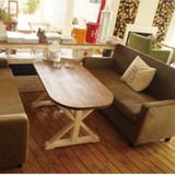 美式椭圆型餐桌咖啡桌茶几休闲桌复古实木简约办公桌做旧饭桌原木