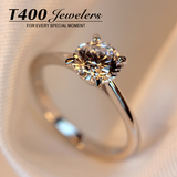 T400原创S925纯银戒指女韩版情侣对戒订婚高端仿真钻戒子一对刻字