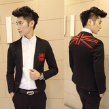 春秋季韩版英伦时尚米字印花短款修身长袖小西服男西装外套潮黑色