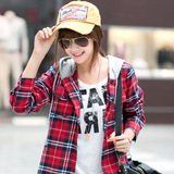 韩版学生格子衬衫女长袖 带帽衬衣百搭纯棉宽松大码防晒女装特价