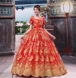 婚纱礼服2015新款秋季韩式高腰孕妇一字肩大码红色演出服齐地冬季