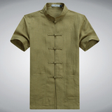 唐装中式立领亚麻纯色短袖衬衣中青年款夏装男士水洗棉麻半袖衬衫