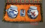 AG05景德镇 陶瓷 手绘青花山水 三件套鸟食罐 鸟食杯 画眉罐