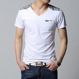 夏季新男士短袖T恤韩版衣服休闲男装印花修身V领体恤潮男半袖上衣