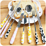 韩式可爱奶牛陶瓷长柄不锈钢餐具创意刀筷子勺子套装便携时尚餐具