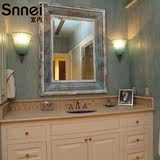 美式美容梳妆化妆镜北欧简约大号浴室卫生间厕所壁挂镜子白杨木