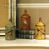 复古典雅欧式乡村罐子圆罐 尖顶宫廷式手绘花鸟图陶瓷罐摆件