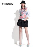 Fimoca2016春新款针织印花欧根纱白色短款打底衫长袖T恤上衣潮女