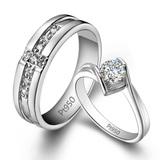 PT950纯银 镀铂金情侣戒指 结婚对戒指 仿真 钻戒 一对 生日礼物