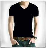 韩版男装男士短袖t恤V领紧身黑白纯色体恤修身打底衫夏季半袖衣服