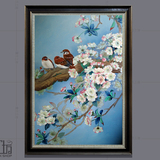 新中式客厅卧室背景画装饰画纯手绘工笔油画含外框【花鸟】