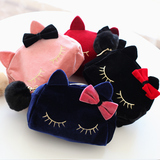 韩国进口 可爱天鹅绒蝴蝶结猫咪收纳包化妆包