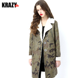 Krazy 2015冬装 羊羔绒温暖时尚 迷彩羊羔绒中长款大衣外套女8098