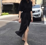 韩国chic风简约设计中长款显瘦衬衫开叉收腰黑色短袖衬衣连衣裙女