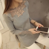 2015新款秋冬季韩版蕾丝短款针织打底衫女长袖毛衣套头紧身上衣潮